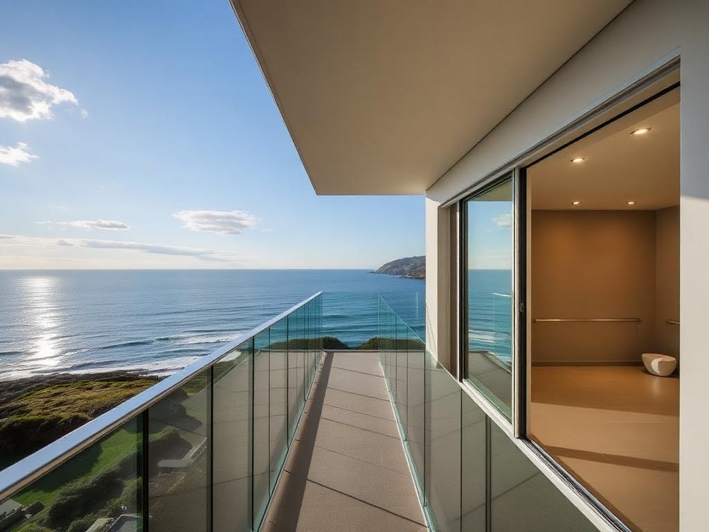 Frameless glass balcony with sea view